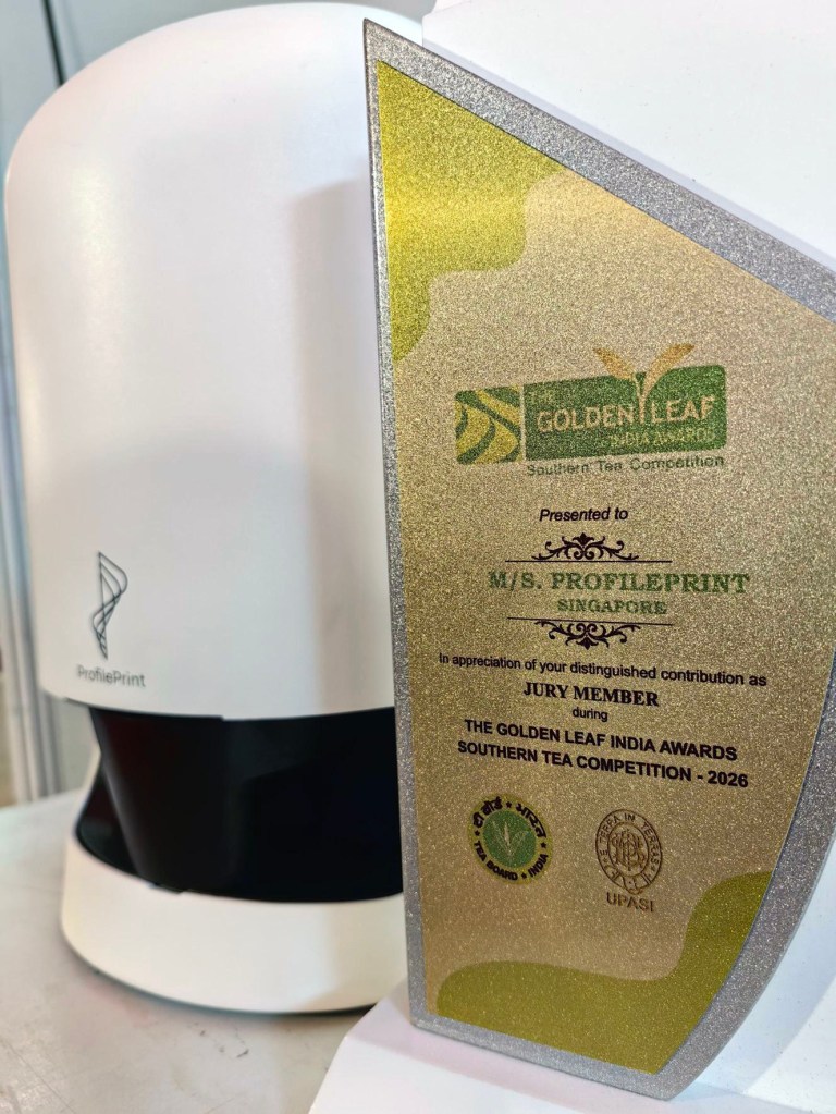 A framed award certificate presented to M/S ProfilePrint, Singapore, recognizing their contribution as a jury member for the Golden Leaf India Awards Southern Tea Competition 2026.